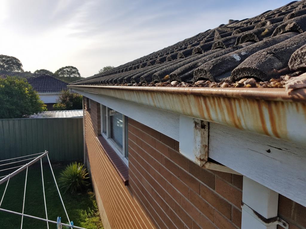 Rusted, sagging gutter packed with leaf litter along a tiled roof edge
