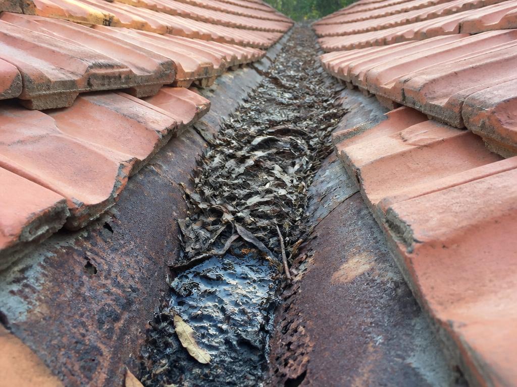 Roof valley packed with leaf litter and rusted through along the base